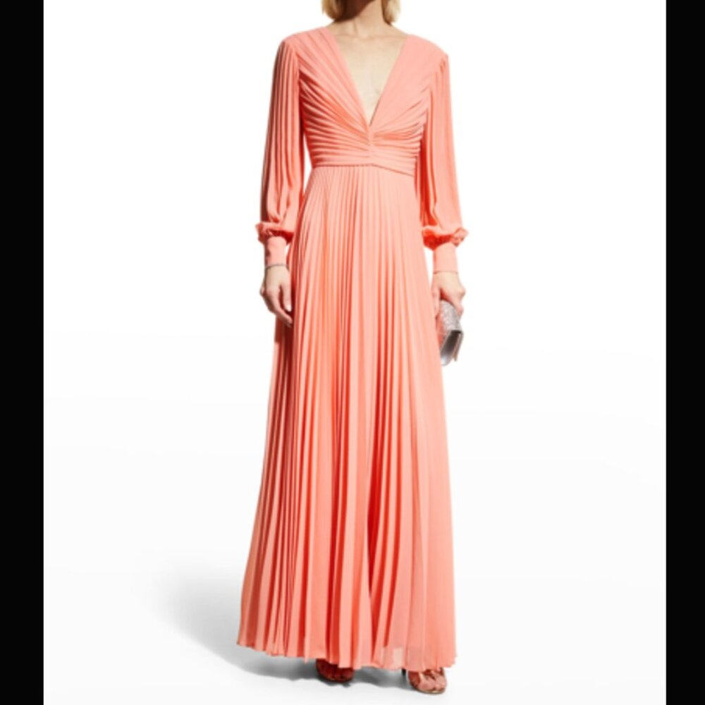 NWT Badgley Mischka Pleated Deep V-Neck Gown – Coral (Size 2)